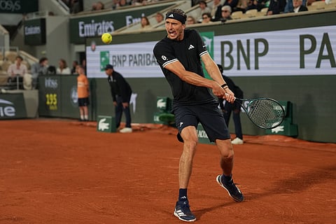 Germany's Alexander Zverev returns to Spain's Rafael Jodar during the quarterfinal tennis match at the French Open in Paris.