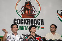 Day In Pics: June 03, 2026 | Photo: PTI : Cockroach Janta Party (CJP) chief spokespersons Saurav Das, centre, Vijeta Dahiya, left, and Ashutosh Ranka, right, address a press conference, in New Delhi.