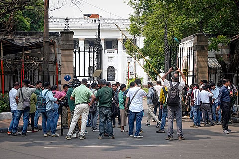 Media personnel gather outside the West Bengal Legislative Assembly after 58 dissident TMC MLAs led by expelled legislator Ritabrata Banerjee meet Speaker Rathindra Bose, unseen, in Kolkata, West Bengal.