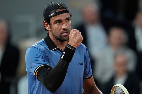 Italy's Matteo Berrettini reacts during the quarterfinal tennis match against Italy's Matteo Arnaldi at the French Open in Paris.