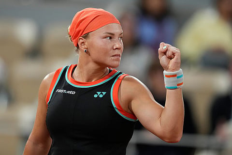 Russia's Diana Shnaider reacts during the semifinal tennis match against Poland's Maja Chwalinska at the French Open in Paris.