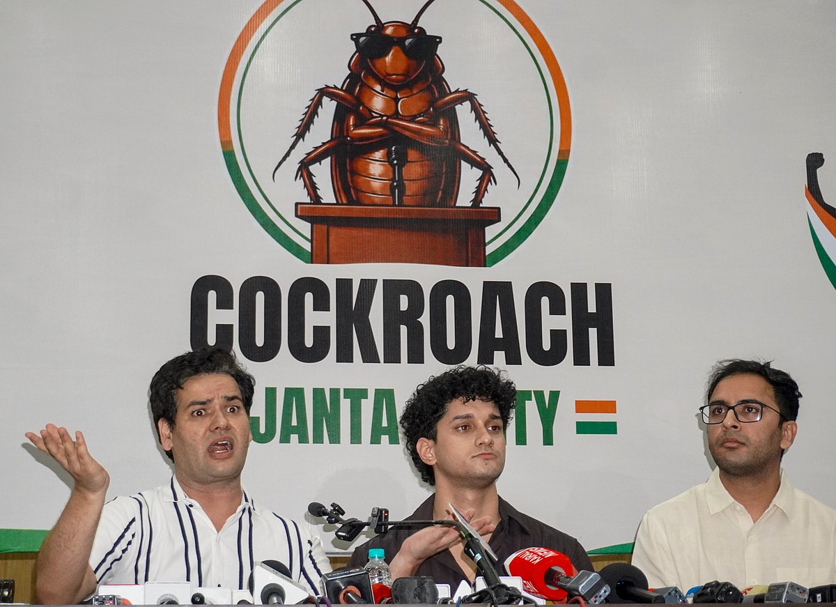 PTI : Cockroach Janta Party (CJP) chief spokespersons Saurav Das, centre, Vijeta Dahiya, left, and Ashutosh Ranka, right, address a press conference, in New Delhi, Wednesday, June 3, 2026.