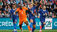 AP Photo : Ivory Coast's Seko Fofana, centre left, challenges for the ball with France's Adrien Rabiot during the international friendly soccer match between France and Ivory Coast in Nantes, France.