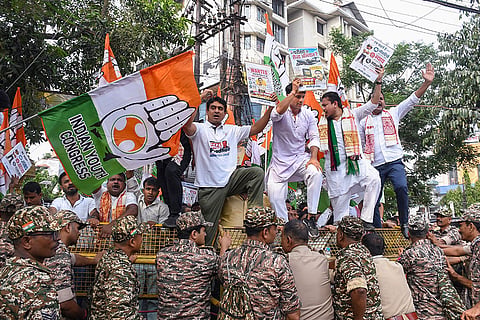 Indian Youth Congress President Uday Bhanu Chib and supporters stage a protest against the alleged irregularities and paper leak in competitive examinations, in Guwahati.