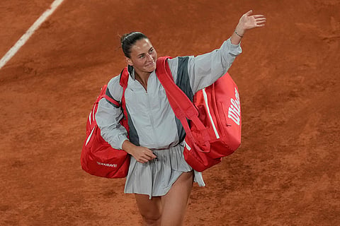 Ukraine's Marta Kostyuk walks off the court after the semifinal tennis match against Russia's Mirra Andreeva at the French Open in Paris.