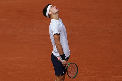 Czech Republic's Jakub Mensik reacts during the semifinal tennis match against Germany's Alexander Zverev at the French Open in Paris.