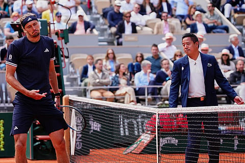 Germany's Alexander Zverev reacts to a call during the semifinal tennis match against Czech Republic's Jakub Mensik at the French Open in Paris.