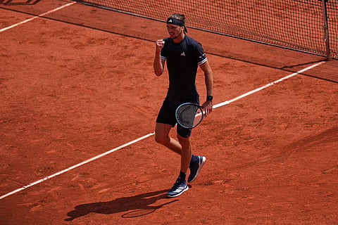 Germany's Alexander Zverev reacts during the semifinal tennis match aginst Czech Republic's Jakub Mensik at the French Open in Paris.