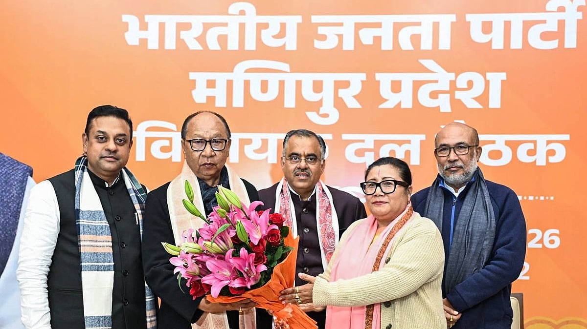 BJP Manipur leader Adhikarimayum Sharda Devi and other BJP leaders. (@tarunchughbjp X ANI Photo - ANI