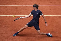 Alexander Zverev Vs Jakub Mensik, French Open 2026 In Pics: See Best Photos From Roland Garros Semi-Final | Photo: AP/Thibault Camus : Germany's Alexander Zverev retruns to Czech Republic's Jakub Mensik during the semifinal tennis match at the French Open in Paris.