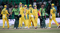 (AP Photo/K.M. Chaudary) : Pakistan's Shadab Khan, second right, and Abdul Samad, second left, shakes hand with Australian players on the end of the third one-day international cricket match between Pakistan and Australia, in Lahore, Pakistan, Thursday, June 4, 2026