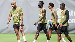 Canada defender Derek Cornelius, left, warms up during the selection camp for Canada’s national soccer team, Thursday, May 28, 2026, in Charlotte, N.C., ahead of the FIFA World Cup soccer tournament. - AP Photo