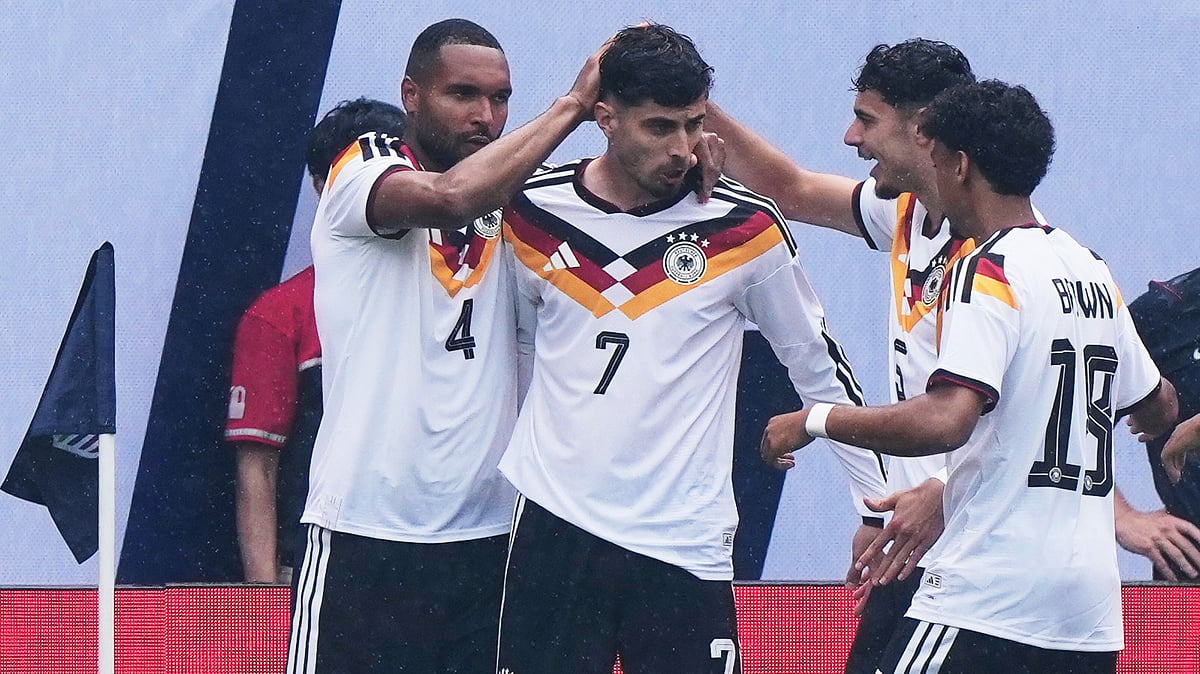 Germany forward Kai Havertz (7) celebrates with teammates after scoring a goal during the first half of an international friendly soccer match against United States in Chicago. - AP Photo