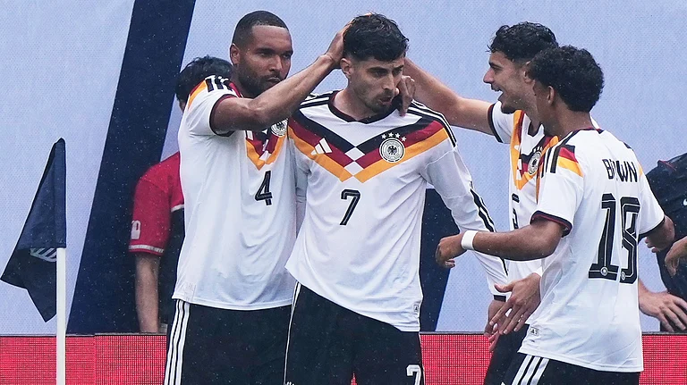 Germany forward Kai Havertz (7) celebrates with teammates after scoring a goal during the first half of an international friendly soccer match against United States in Chicago. - AP Photo