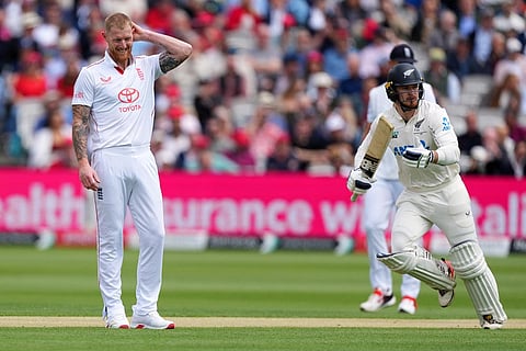 England's Ben Stokes reacts after bowling during the second day of the test match between England and New Zealand at Lord's cricket ground in London.