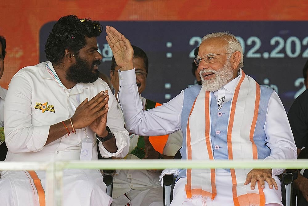 Former Tamil Nadu BJP president K Annamalai resigned from the party's primary membership on Friday, June 5, 2026, and BJP chief Nitin Nabin accepted the resignation. Prime Minister Narendra Modi and Annamalai are seen during a BJP event, near Palladam in Tirupur, in this file photo dated Tuesday, Feb. 27, 2024. - | Photo: PTI/R Senthilkumar