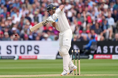 New Zealand's Kyle Jamieson plays a shot during the second day of the test match between England and New Zealand at Lord's cricket ground in London.
