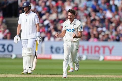New Zealand's Nathan Smith celebrates taking the wicket of England's Jamie Smith during the second day of the test match between England and New Zealand at Lord's cricket ground in London.