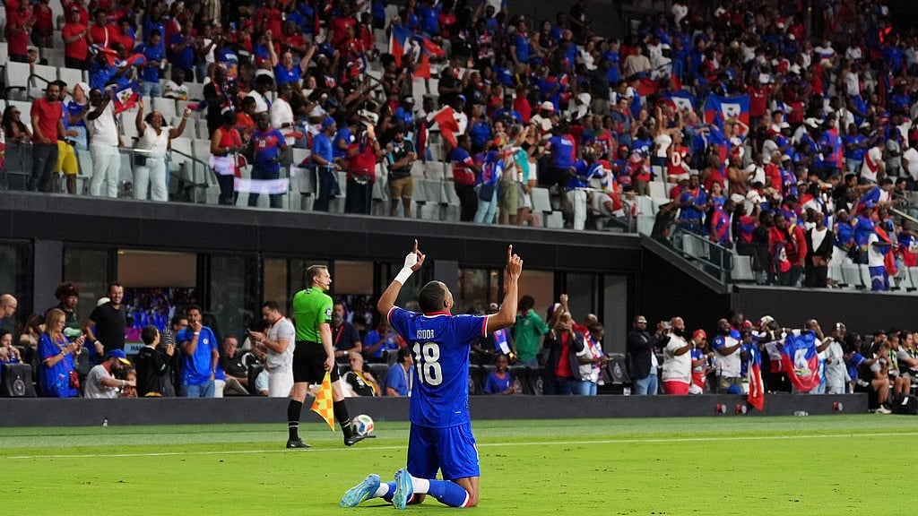 Haiti forward Wilson Isidor celebrates after scoring his side's first goal against Peru during the first half of an international friendly soccer match Friday, June 5, 2026, in Miami.  - AP Photo/Rebecca Blackwell