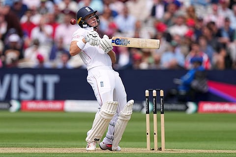 England's Jacob Bethell avoids a ball from New Zealand's Will O'Rourke during the second day of the test match between England and New Zealand at Lord's cricket ground in London.
