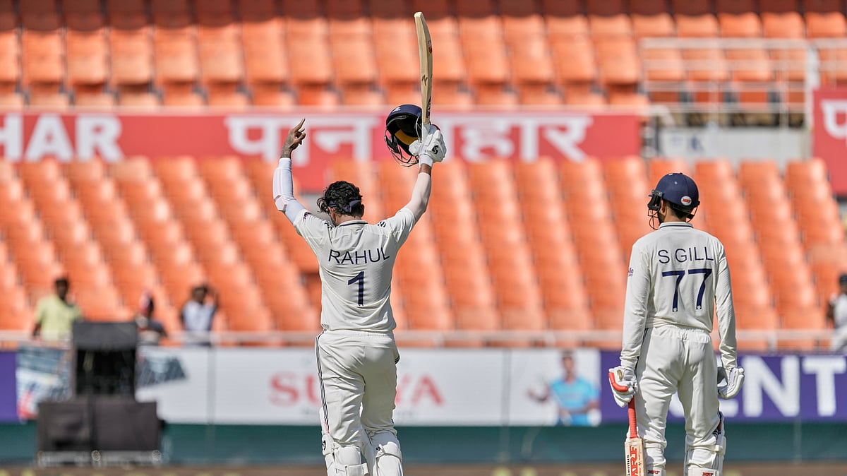 India's KL Rahul, left, celebrates his century as captain Shubman Gill looks on, on day one of the cricket test match between Afghanistan and India in New Chandigarh, India, Saturday, June 6, 2026. - (AP Photo/Ashwini Bhatia)