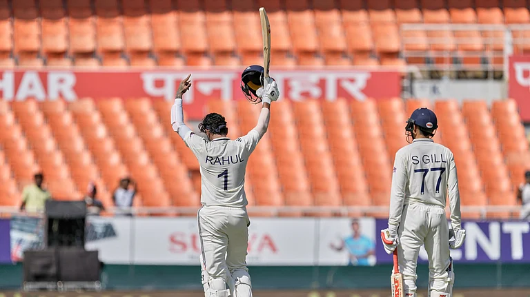 India's KL Rahul, left, celebrates his century as captain Shubman Gill looks on, on day one of the cricket test match between Afghanistan and India in New Chandigarh, India, Saturday, June 6, 2026. - (AP Photo/Ashwini Bhatia)