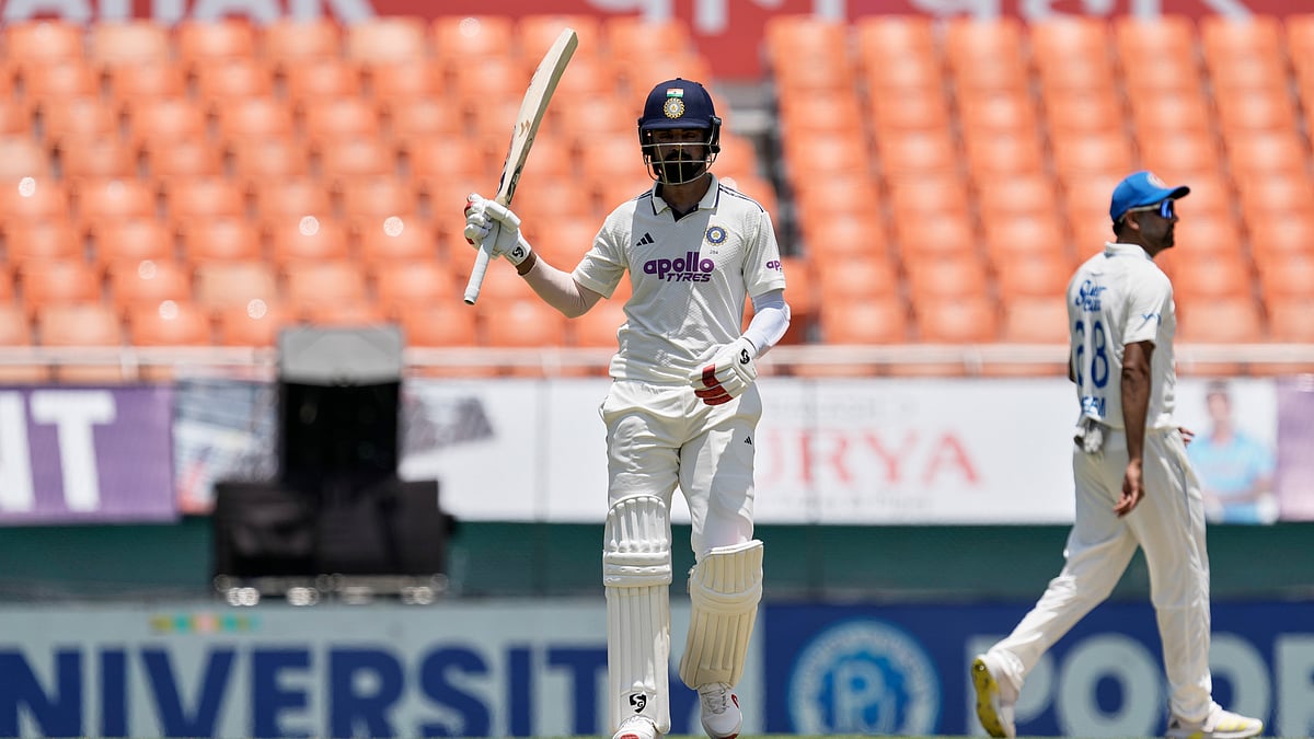 India's KL Rahul celebrates his fifty runs on day one of the cricket test match between Afghanistan and India in New Chandigarh, India, Saturday, June 6, 2026. - (AP Photo/Ashwini Bhatia)