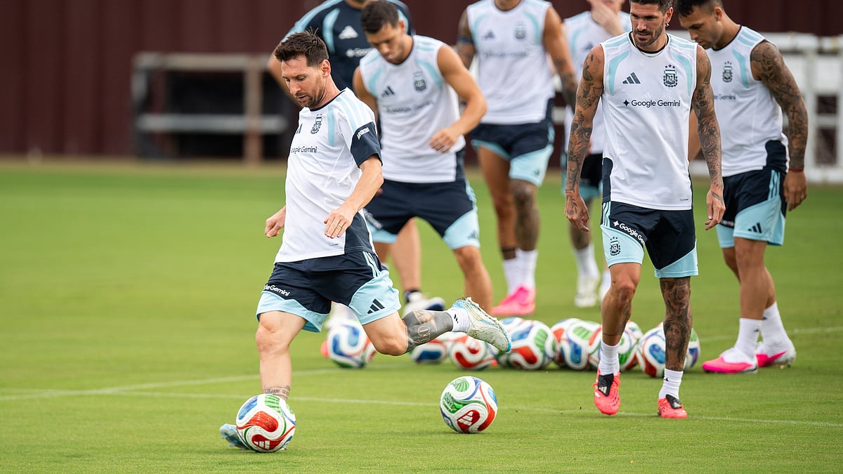 Argentina's Lionel Messi, left, participates in a training session at Texas A&M's Ellis Field ahead of the FIFA World Cup 2026 international friendly between Argentina and Honduras. - AP Photo