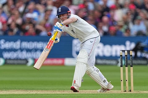 England's Harry Brook plays a shot off the bowling of New Zealand's Will O'Rourke during the second day of the test match between England and New Zealand at Lord's cricket ground in London.