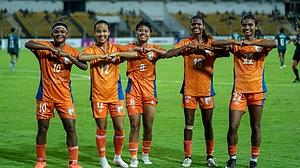 IndianFootball/X : Indian players celebrate after scoring against Bangladesh in SAFF Women's Championships 2026.