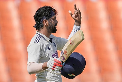 India's KL Rahul celebrates his century on day one of the cricket test match between Afghanistan and India in New Chandigarh.