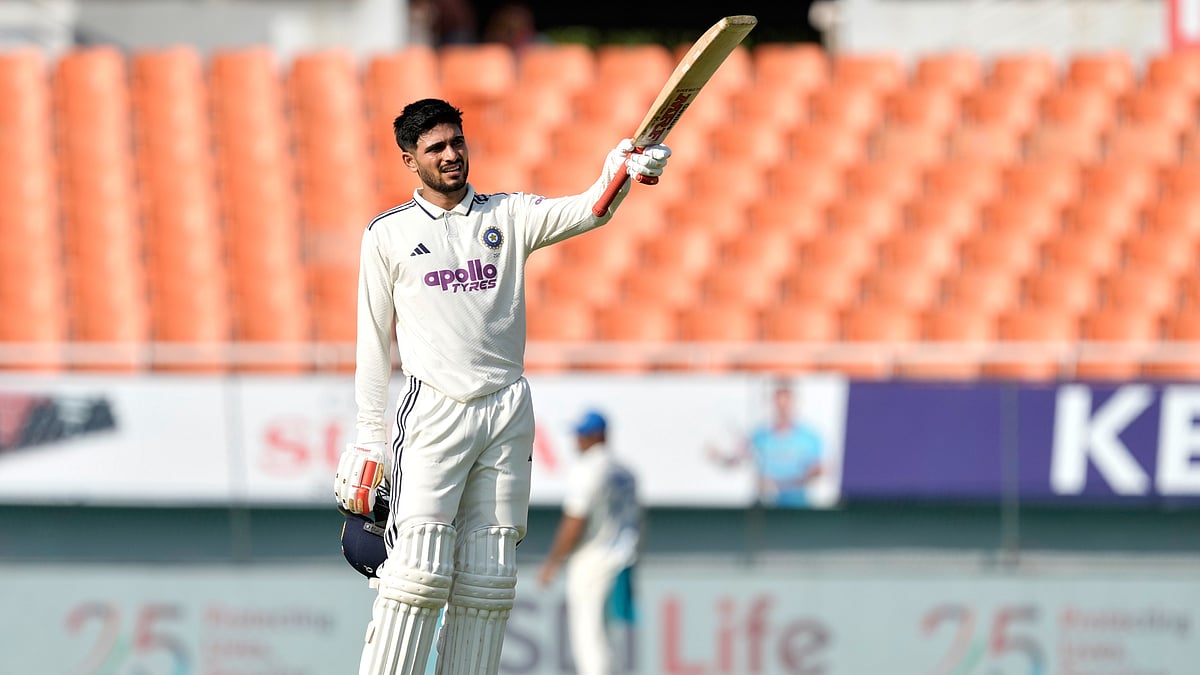 India's captain Shubman Gill celebrates his century on day one of the cricket test match between Afghanistan and India in New Chandigarh, India, Saturday, June 6, 2026. - (AP Photo/Ashwini Bhatia)