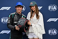 | Photo: AP/Philippe Magoni : Mercedes driver Andrea Kimi Antonelli of Italy, poses with Eileen Gu after setting the pole position in the qualifying session for the Monaco F1 Grand Prix, at the Monaco racetrack.