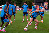 Spain At FIFA World Cup 2026 In Pics: See Best Photos From La Roja Training At Chattanooga Base Camp | Photo: AP/Mike Stewart : Spain's Dani Olmo and teammates workout during a training session, in Chattanooga, Tennessee, ahead of the World Cup soccer tournament.