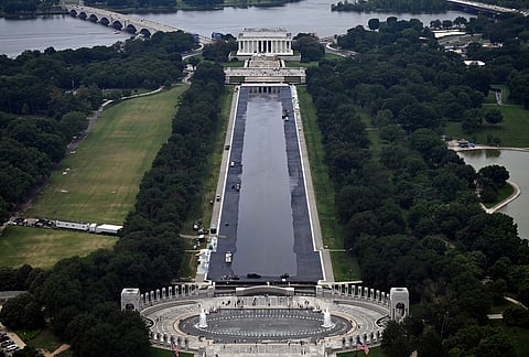 The Lincoln Memorial Reflecting Pool continues to refill after renovations, in Washington. 
