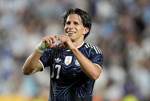 Argentina forward Giuliano Simeone (17) reacts to the crowd after scoring a goal against Honduras during the second half of an international friendly soccer match in College Station, Texas. 