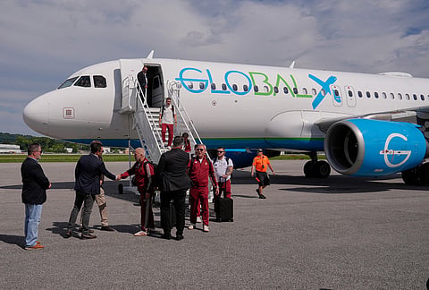 Members of the Spain national team arrive for the World Cup soccer tournament in Chattanooga, Tennessee.