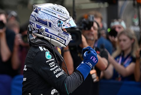 Mercedes driver Andrea Kimi Antonelli of Italy celebrates after setting the pole position during the qualifying session for the Monaco F1 Grand Prix, at the Monaco racetrack.