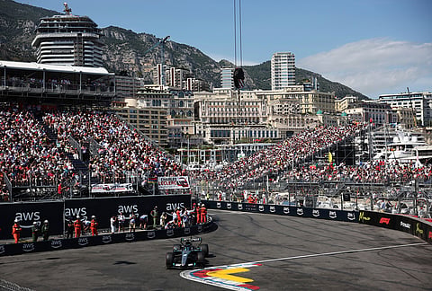 Mercedes driver George Russell of Britain steers his car during the qualifying session for the Monaco F1 Grand Prix, at the Monaco racetrack.