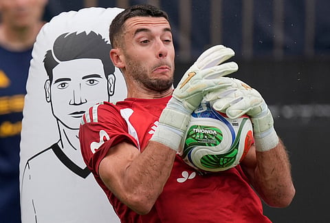 Spain goalkeeper Joan Garcia works out during a training session, Saturday, June 6, 2026, in Chattanooga, Tennessee ahead of the World Cup soccer tournament. 