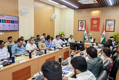 Delhi Lieutenant Governor Taranjit Singh Sandhu chairs a meeting of the Delhi Disaster Management Authority (DDMA) with Delhi Chief Minister Rekha Gupta and Delhi Cabinet Ministers Ashish Sood and Parvesh Verma, in New Delhi. 
