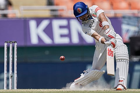 Afghanistan's Rahmanullah Gurbaz plays a shot on day three of the cricket test match between Afghanistan and India in New Chandigarh, India, Monday, June 8, 2026. ()