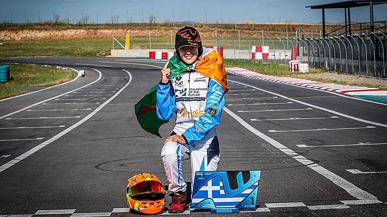 11-year-old Indian racing sensation Atiqa Mir poses after a dominating weekend in Round 2 of the Champions of the Future Academy, in Greece. - | Photo: Handout via PTI
