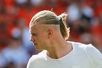 Photo: AP/Eduardo Munoz Alvarez : Norway forward Erling Haaland looks on during an international friendly soccer match against Morocco in Harrison, N.J.
