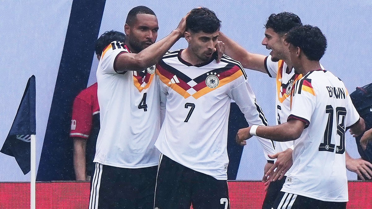 Germany forward Kai Havertz (7) celebrates with teammates after scoring a goal during the first half of an international friendly soccer match against United States in Chicago ahead of their World Cup campaign. - AP Photo