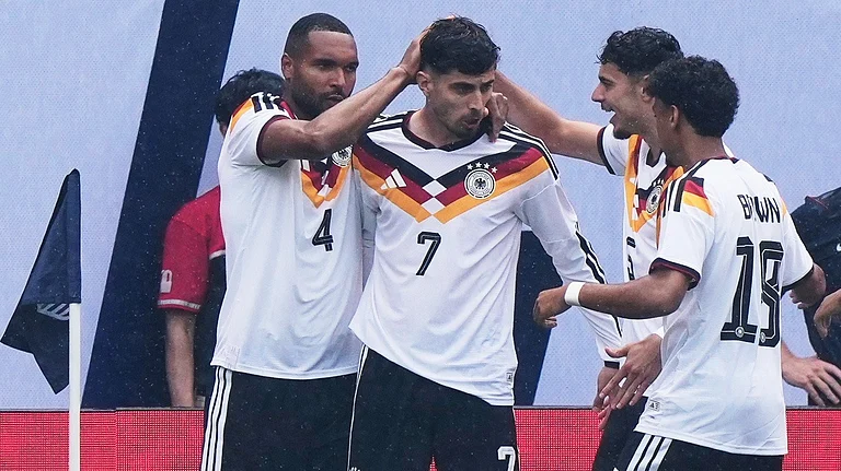 Germany forward Kai Havertz (7) celebrates with teammates after scoring a goal during the first half of an international friendly soccer match against United States in Chicago ahead of their World Cup campaign. - AP Photo