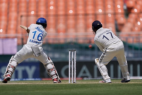 Afghanistan's Rahmat Shah bats on day three of the cricket test match between Afghanistan and India in New Chandigarh, India.