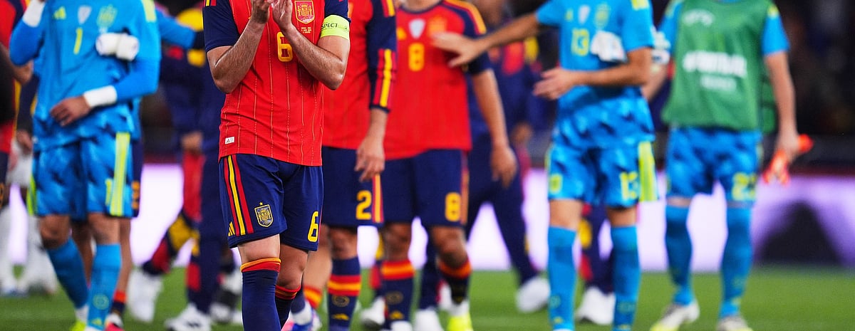 AP Photo : Spain's Mikel Merino applauds after an international friendly soccer match against Iraq in A Coruna, Spain.
