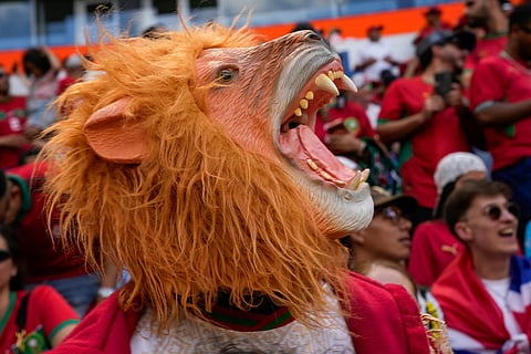 A mask-wearing Morocco fan attends an international friendly soccer match against Norway in Harrison, N.J.