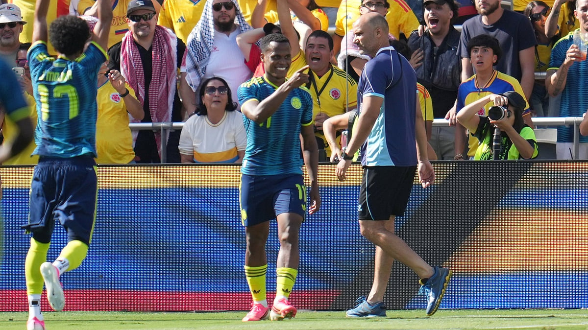 Colombia midfielder Jhon Arias, center, celebrates his goal with teammates. - AP/Gregory Bull